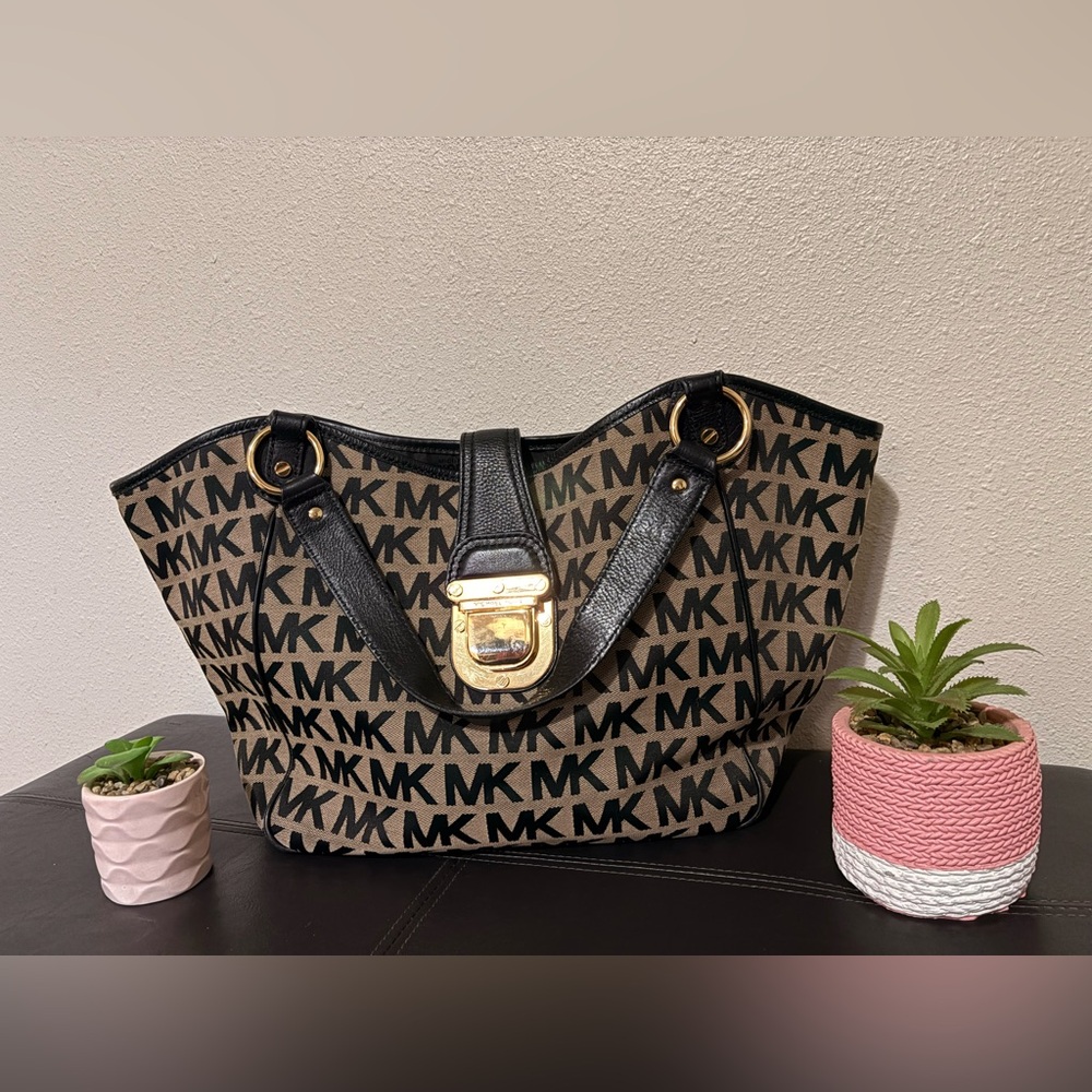 Michael Kors Black & Tan Signature Canvas Gold Accents Leather Tote Shoulder Bag